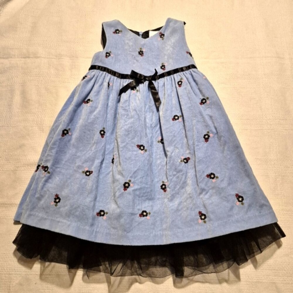 Hanna Andersson girls size 100 or 4 blue embroidered velvety tulle & dress VGUC